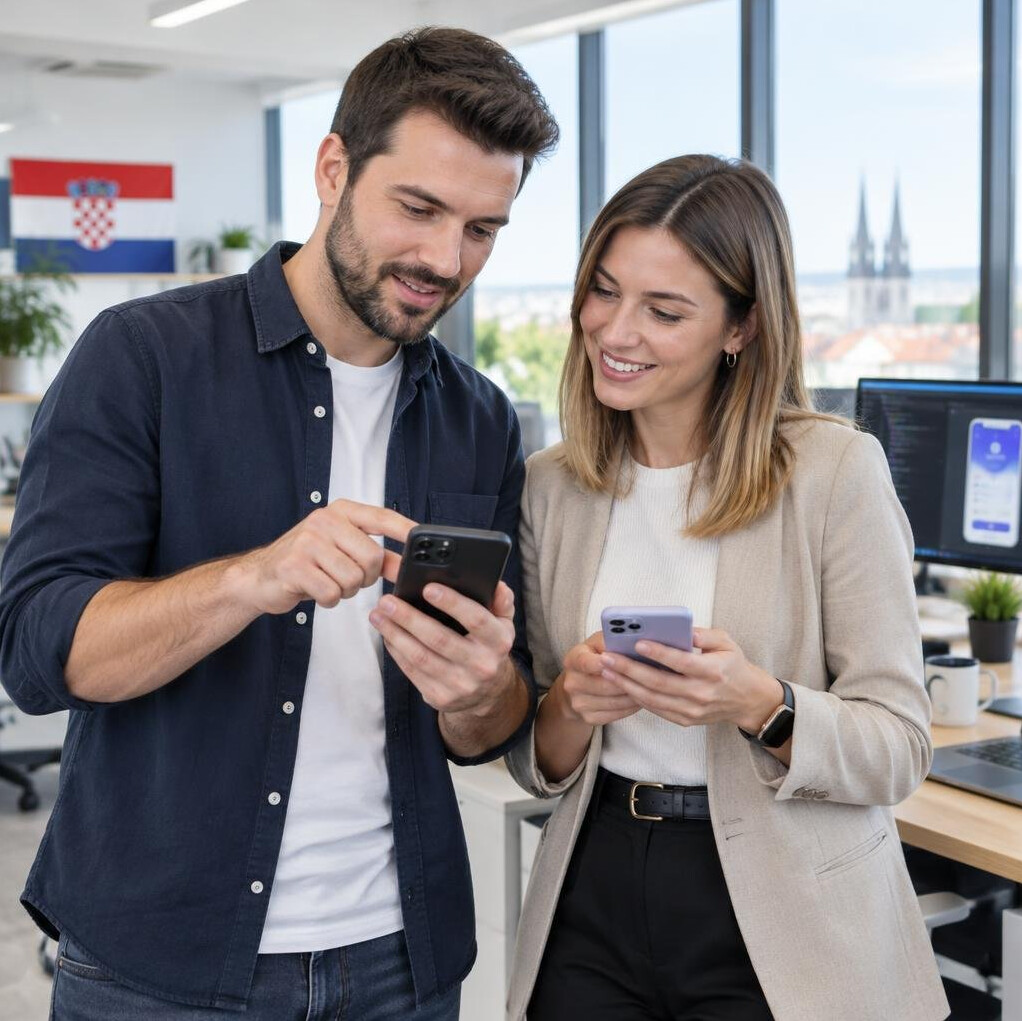 Dvoje urednika testira aplikaciju na mobitelima u uredu